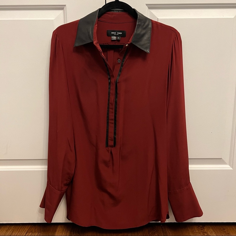 Shui Chen Maroon Top With Leather Detail
